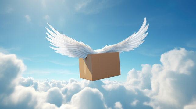 Delivery box  wih white feather wings flying in the bkue sky with white clouds. Concept of air delivery