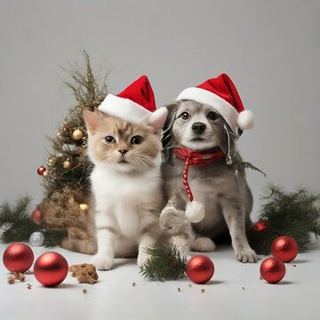 christmas dog and cat wearing santa hats trying to destroy christmas tree on a white background. balls in their mouths created with generative ai	