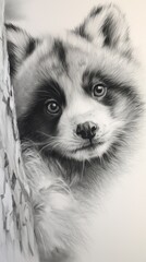 a black and white drawing of a raccoon peeking out from behind a tree branch with its eyes wide open, looking at the camera, with a blurry background.