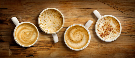 Cafe lattes or cups of coffee at a coffee shop in a group