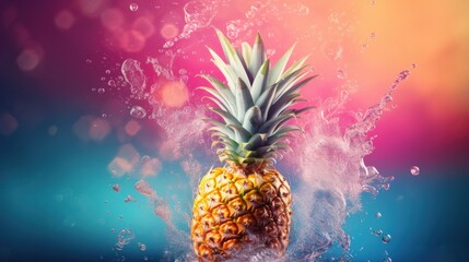  a pineapple with water splashing around it on a blue, pink, and purple background with a splash of water on the top of the pineapple in the foreground.