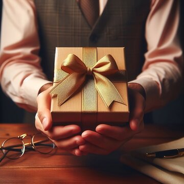 A businessman holding a gift box. Birthday, corporate event, St Valentine day, christmas and new year gift concept created with generative ai