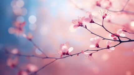  a close up of a branch of a tree with pink flowers in the foreground and a blurry background of blue, pink, pink, and white lights.