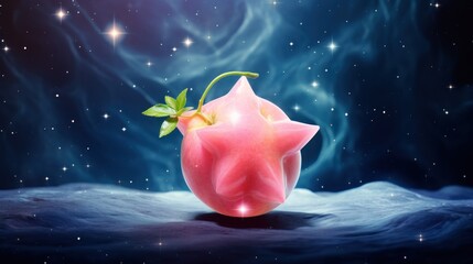  a pink vase with a green leaf sticking out of it's side sitting on a blue surface in front of a star filled sky filled with stars and clouds.