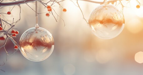  two ornaments hanging from a tree branch with red berries hanging from it's branches in front of a blurry background of a tree branch with red berries in the foreground.
