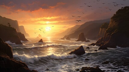 Beautiful Sunset over the Ocean with Wildlife and Birds in the Sky
