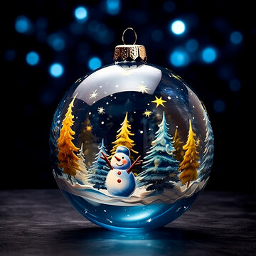 Decoraci&oacute;n de &aacute;rbol de navidad con edificios y mu&ntilde;ecos de nieve generado por ia