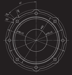 Vector engineering drawing of a steel mechanical parts with through holes
and dimensions.
Industrial cad scheme on paper sheets. Technology background.