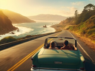 Fototapeta na wymiar Couple on a Scenic Road Trip Driving Through Beautiful Mountains and Enjoying the Sunset