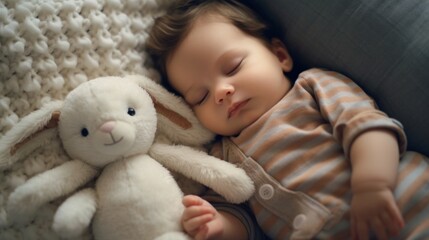 An infant peacefully sleeps on a modern couch with a tiny plush toy.