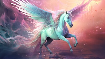 Obraz na płótnie Canvas Realistic magical winged pegasus unicorn horse fantasy pastel background. AI generated image