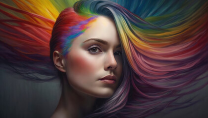 A woman with colorful hair and makeup, surrounded by a vibrant rainbow background.