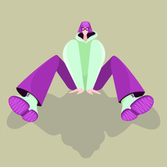 Abstract image of a girl in a bright hoodie and pants sitting on the floor. - obrazy, fototapety, plakaty