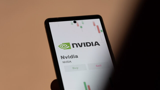 Nvidia on the screen of an exchange. Nvidia price stocks, $NVDA on a device.
