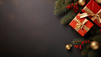 Fototapeta na wymiar Christmas dark black background with beautiful texture and Golden gift box with red ribbon, fir branches, cones, Christmas tree toys stars with generative ai