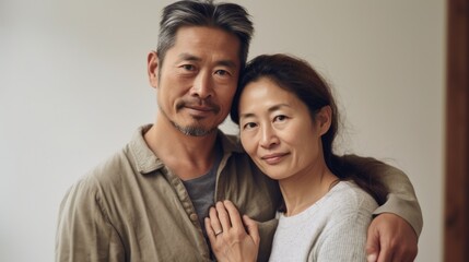 Obraz premium An Asian couple in their middle years, finding comfort in each other's arms indoors.