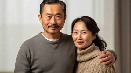 Fototapeta premium At home, an Asian couple in their middle age shares a loving moment, wrapped in each other's arms.