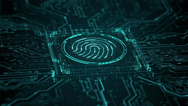 Digital biometric. Security and identify by fingerprint concept. Scanning system of the finger print. 3d rendering of abstract technology circuit board background. Cybersecurity innovation concept