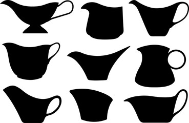 Collage of different gravy sauce boats isolated on white