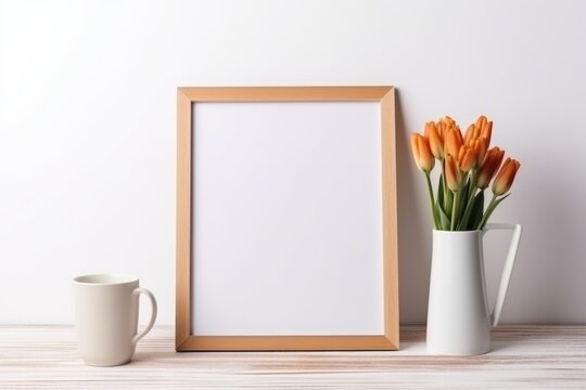 Mockup wooden picture frame coffee cup and flowers. Bedroom view. Home interior decor.