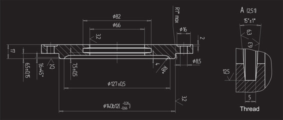 Vector engineering cad drawing of a mechanical part (steel wheel)
with through holes, dimensions.
Computer aided design of machine parts. Technical cad background.