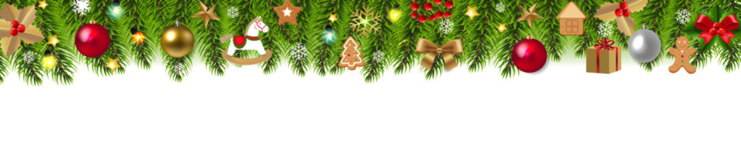 Fototapeta na wymiar Christmas Border With Fir Tree And White Background