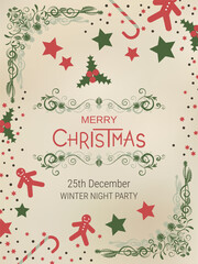 Merry Christmas and Happy New Year retro style vector flyer template. Old paper background with winter style elements