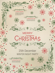 Merry Christmas and Happy New Year retro style vector flyer template. Old paper background with winter style elements