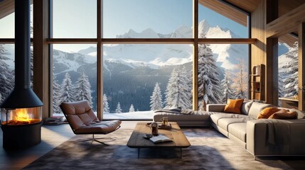 Apartment with a view of snow-capped mountain peaks, modern interior with large windows