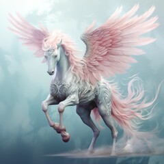 Obraz na płótnie Canvas Realistic magical winged pegasus unicorn horse fantasy pastel background. AI generated image