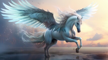 Realistic magical, mythical winged pegasus unicorn horse fantasy background. AI generated image