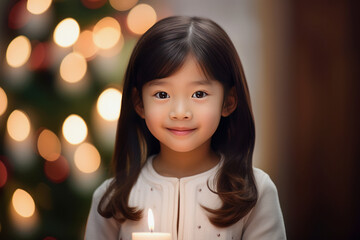 cute asian little girl with a candle at christmas time