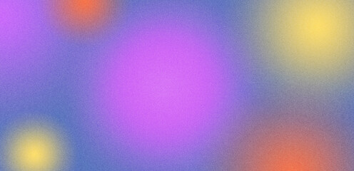 Abstract background with gradient blur and grain noise texture. Multicolor banner with blurry circles. Suitable for social media, print, covers, posters. Wide banner size.