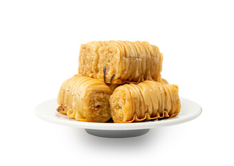 Rolled Baklava Isolated, Ramadan Dessert Roll on Restaurant Plate, Eastern Sweet Pastries