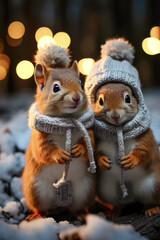 Fototapeta premium On a Cold Snowy Morning Squirrels are Standing in the Snow in their Scarves a Little Clueless Wallpaper Background Digital Art 