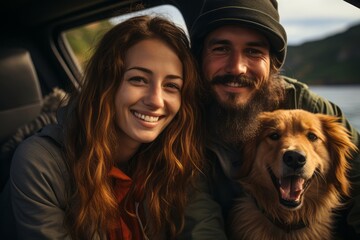 Cute couple in love relaxing with a dog in a car near the lake
