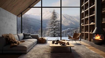 A room with a large window and a view of the forests and mountains, a comfortable, cozy and modern interior of a luxurious apartment