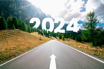 2024 New Year road trip travel and future vision concept . Nature landscape with highway road leading forward to happy new year celebration in the beginning of 2024 for bliss and successful start . - obrazy, fototapety, plakaty
