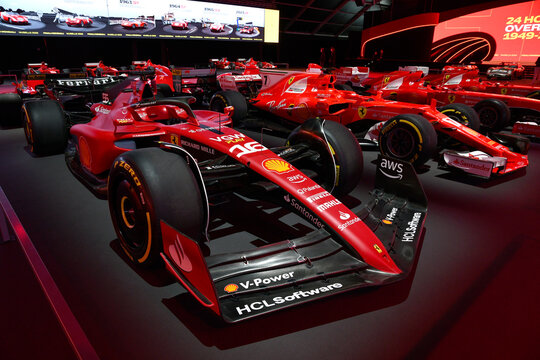 Scarperia, Mugello - 28 October 2023: Ferrari F1-75 of Charles Leclerc and Carlos Sainz on display during Ferrari World Finals 2023 at Mugello Circuit in Italy.