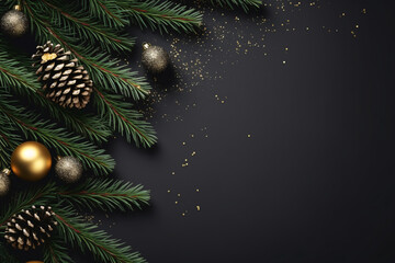 Golden Winter Whispers: Chic Black Banner with Sparkling Snowflakes and Fir Accents