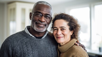 Joyful 50-year-old couple shares a loving embrace at home.