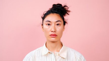 Fototapeta premium Stylish Korean woman looks confidently at the camera in a chic ensemble.