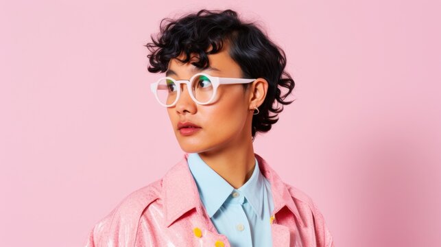 Korean beauty with trendy makeup and a fashionable look against a pink backdrop.