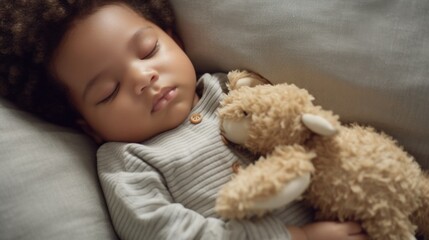 A health-focused image: infant napping on a modern couch with a plush toy.