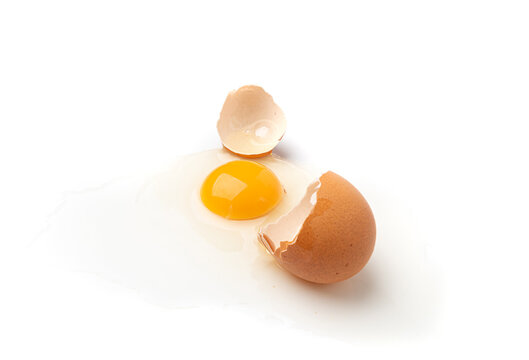 Broken Egg Isolated, Raw Yolk and White, Cracked Brown Shell, Fresh Broken Chicken Eggs on White Background