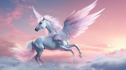 Obraz na płótnie Canvas Rendering magical, mythical winged pegasus unicorn horse fantasy pastel background. AI generated image