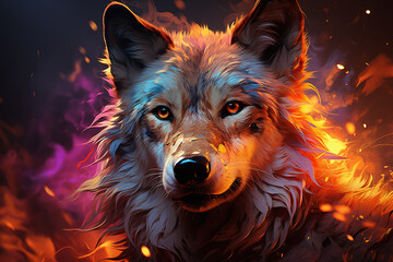 wolf portrait in neon painting style  - obrazy, fototapety, plakaty