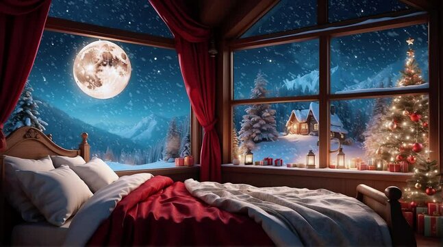 Santa's bedroom on Christmas night,  lofi animation.