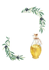 Olive tree square vertical frame. Black olives and branches, oil in glass jug. Hand drawn watercolor botanical illustration isolated on white background. Can be used for cards, menu or logos.