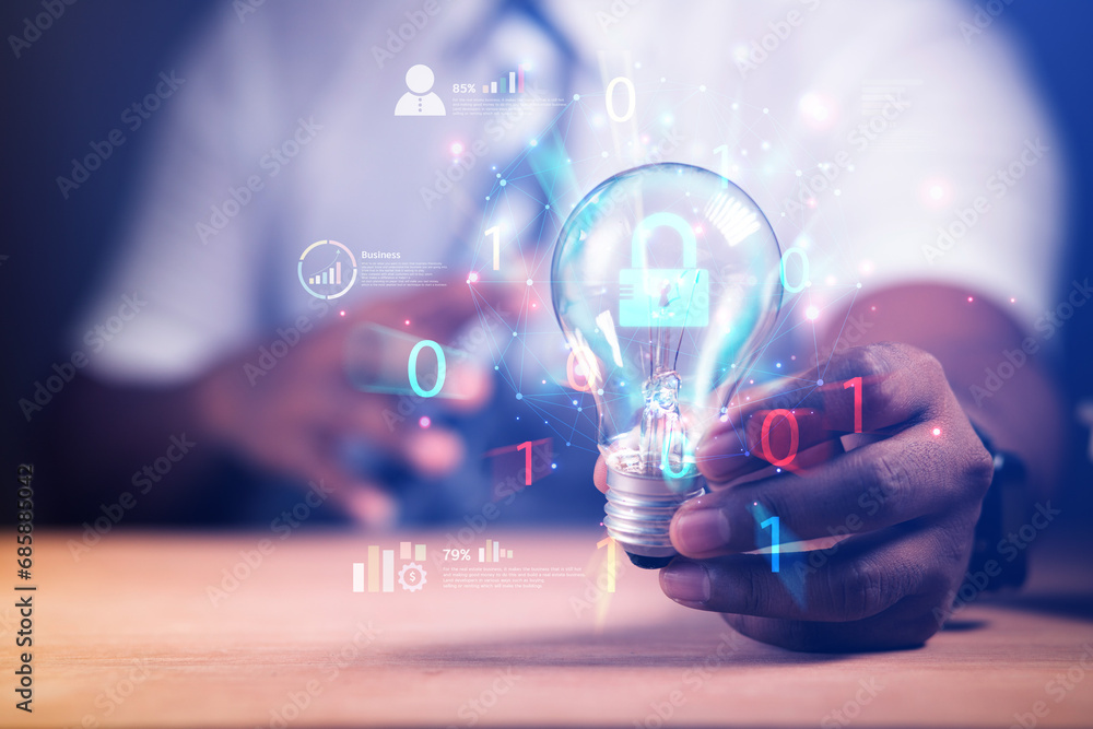 Poster cybersecurity concept business man shows how to protect cyber technology network from attack by hack